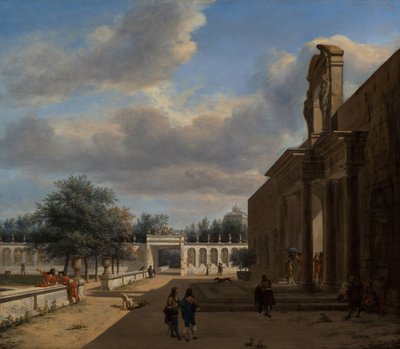 Ein Palastgarten mit Figuren, die aus einem Palast auf der rechten Seite hervortreten von Jan van der Heyden